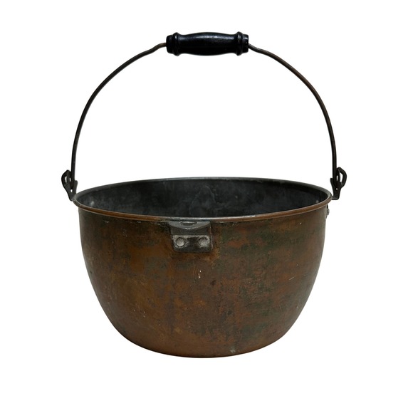 Revere Hammered Copper Apple Butter Kettle Wooden Handle Cauldron Antique - Picture 3 of 12